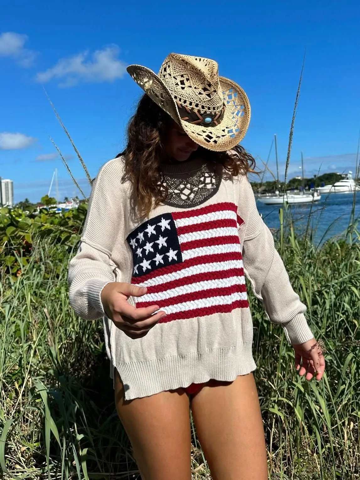 Land of Free Beige Oversized American Flag Sweater sold by Boho Pink product image thumbnail 2