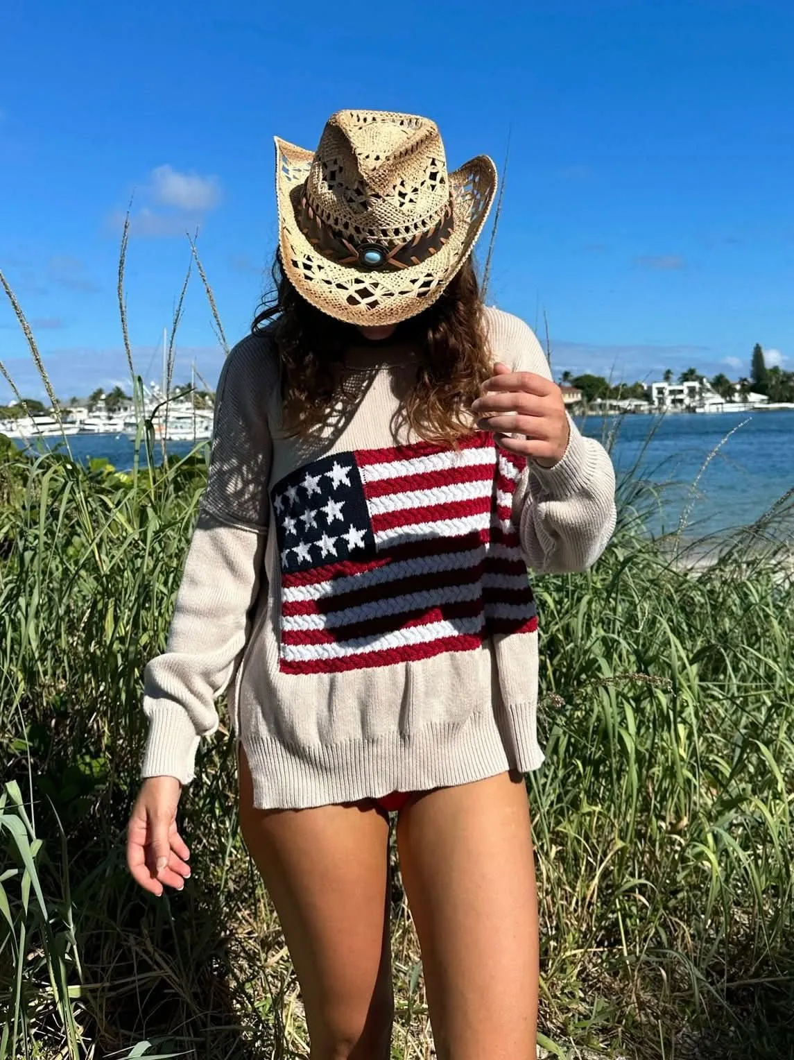 Land of Free Beige Oversized American Flag Sweater sold by Boho Pink