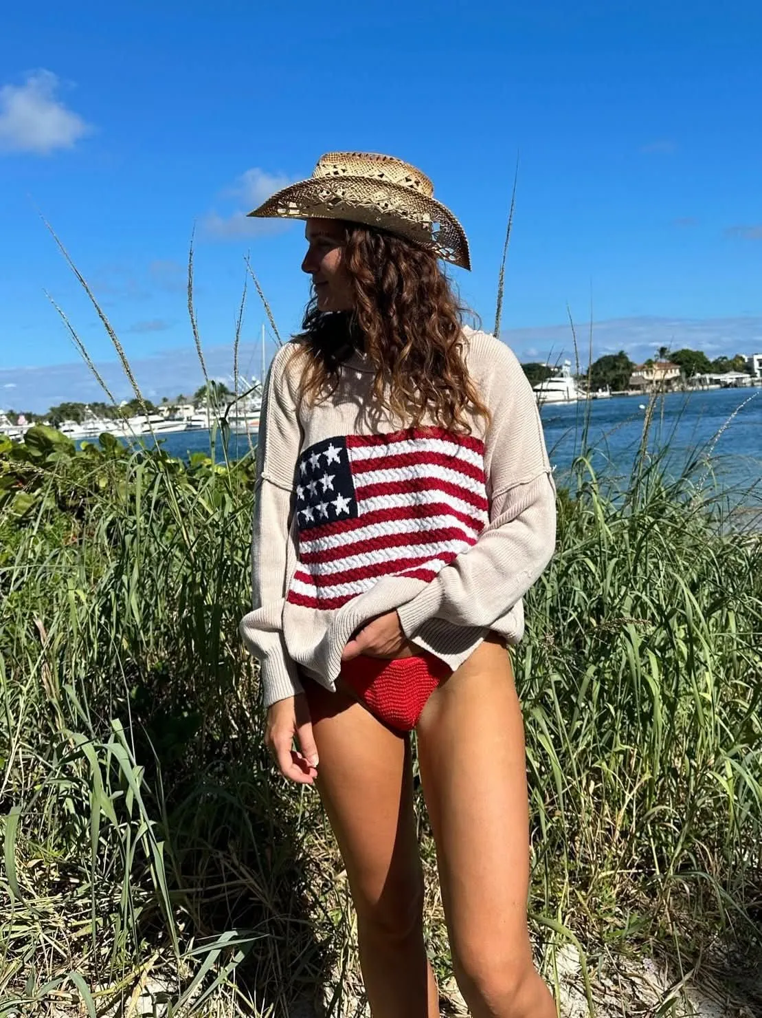 Land of Free Beige Oversized American Flag Sweater sold by Boho Pink product image thumbnail 3