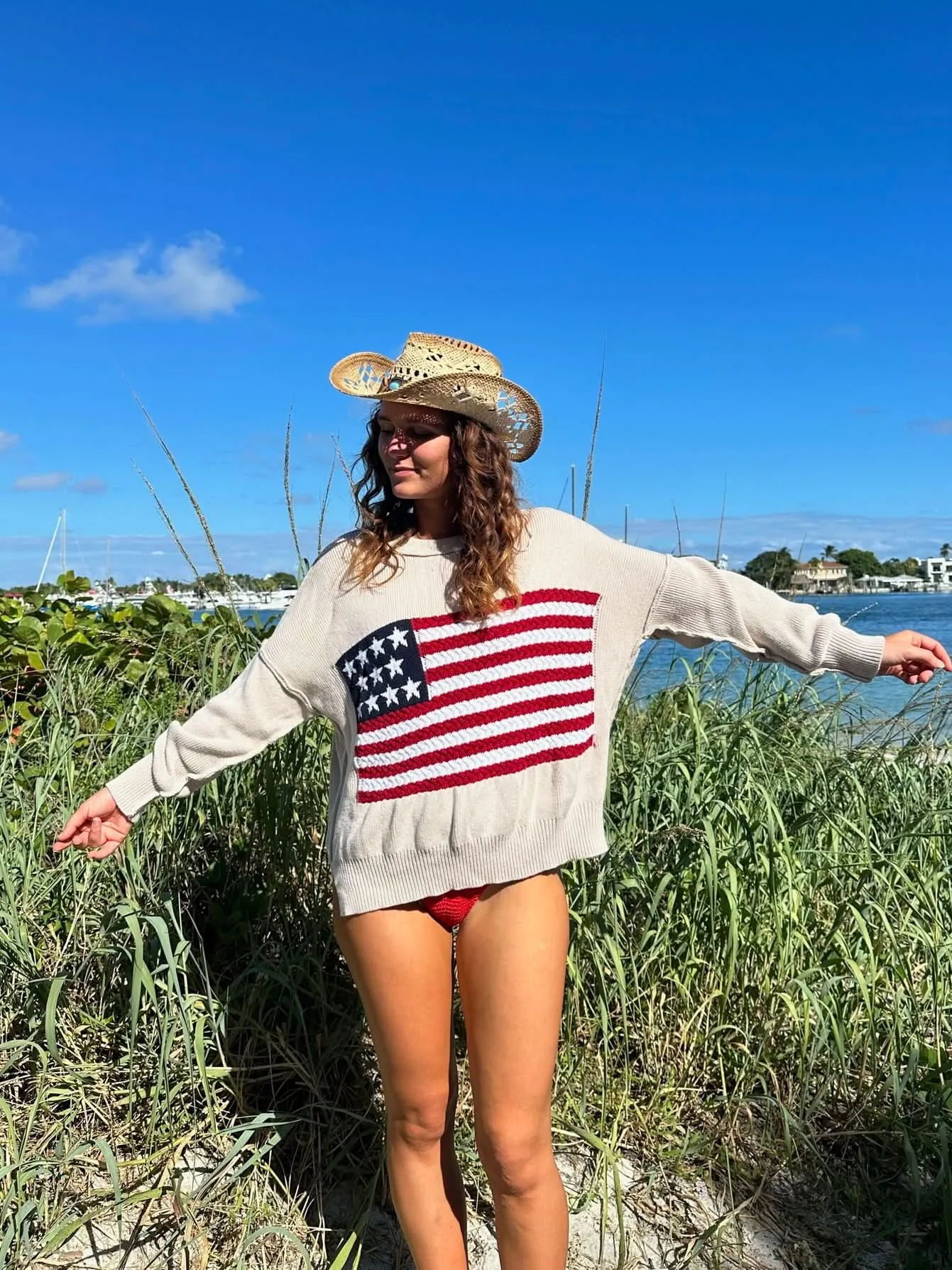 Land of Free Beige Oversized American Flag Sweater sold by Boho Pink product image thumbnail 5