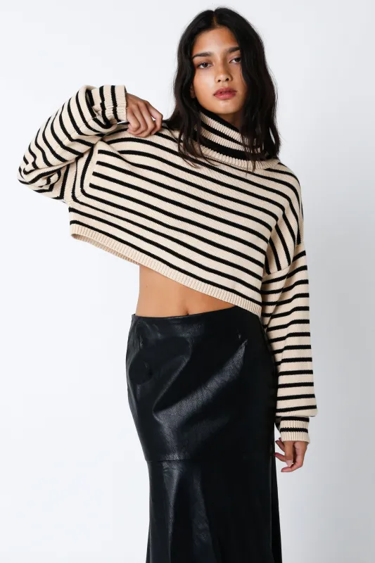 Marla Natural & Black Striped Cropped Turtleneck Sweater sold by Boho Pink