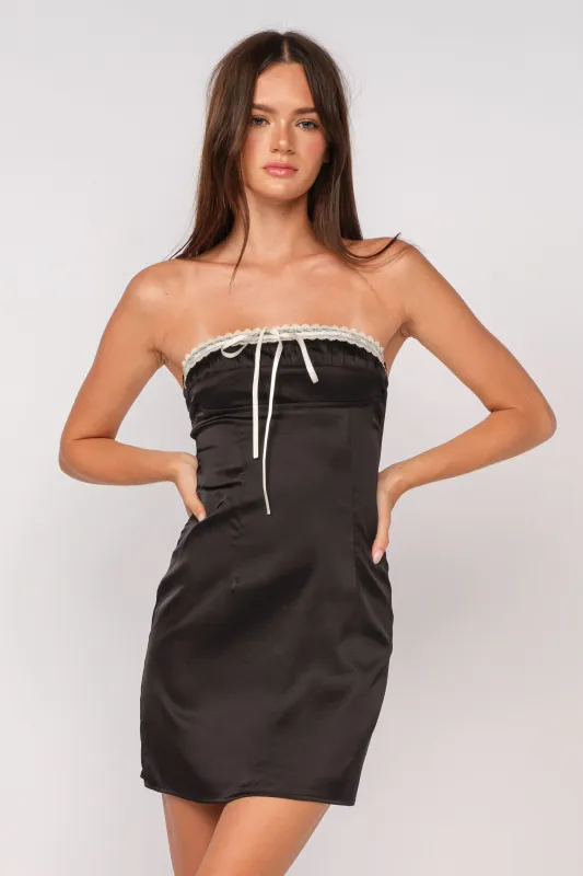 Harper Black Ribbon Trim Strapless Mini Dress sold by Boho Pink