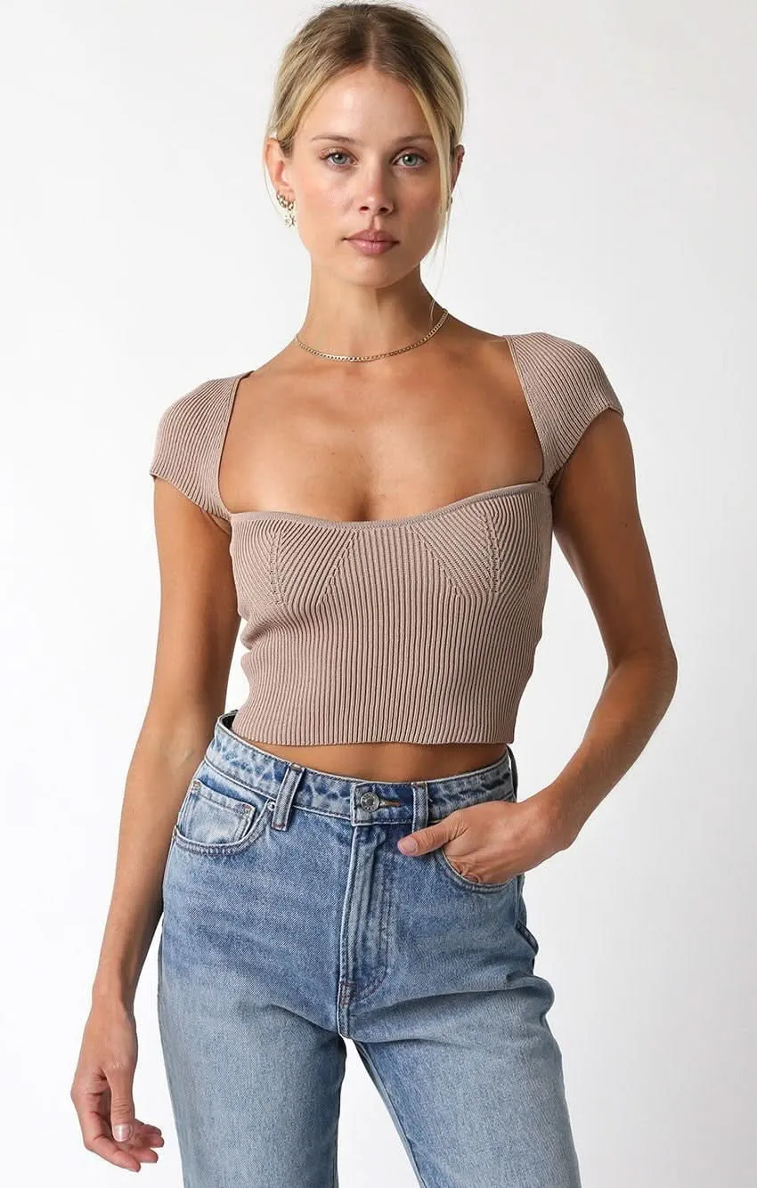 Emma Khaki Cap Sleeve Sweater Crop Top sold by Boho Pink
