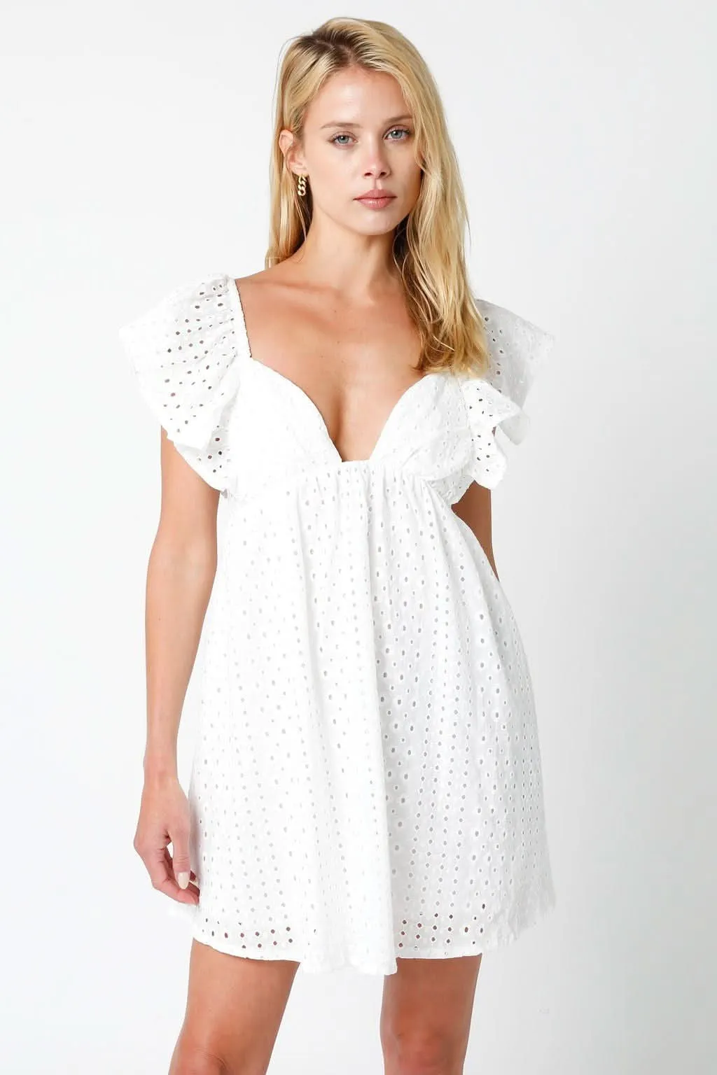 Ramona White Eyelet Mini Dress sold by Boho Pink
