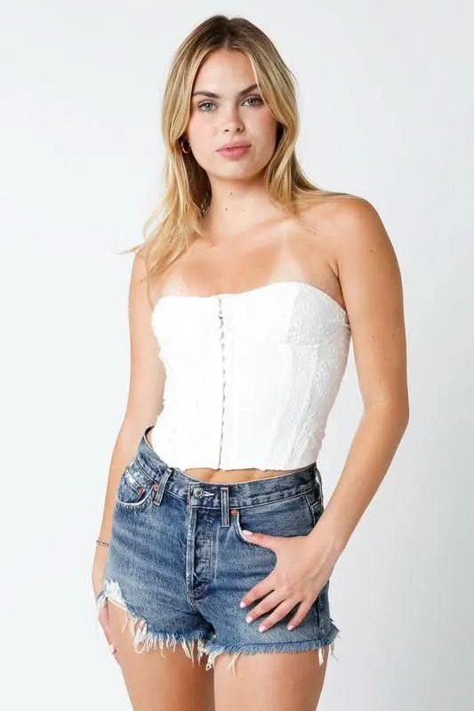 Amalfi White Eyelet Bustier Crop Top made by Olivaceous