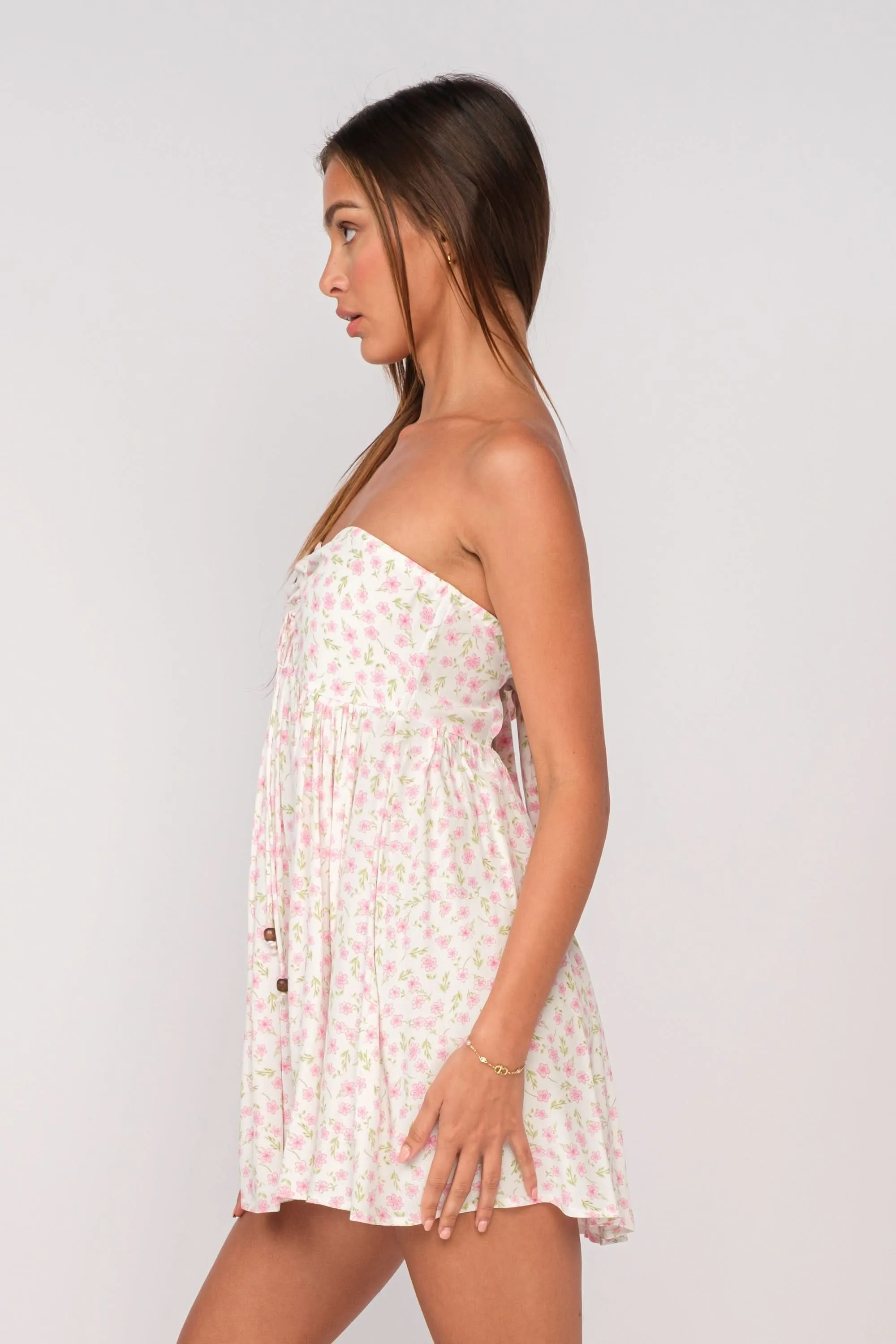 Lena White and Pink Floral Print Strapless Mini Dress sold by Boho Pink product image thumbnail 2