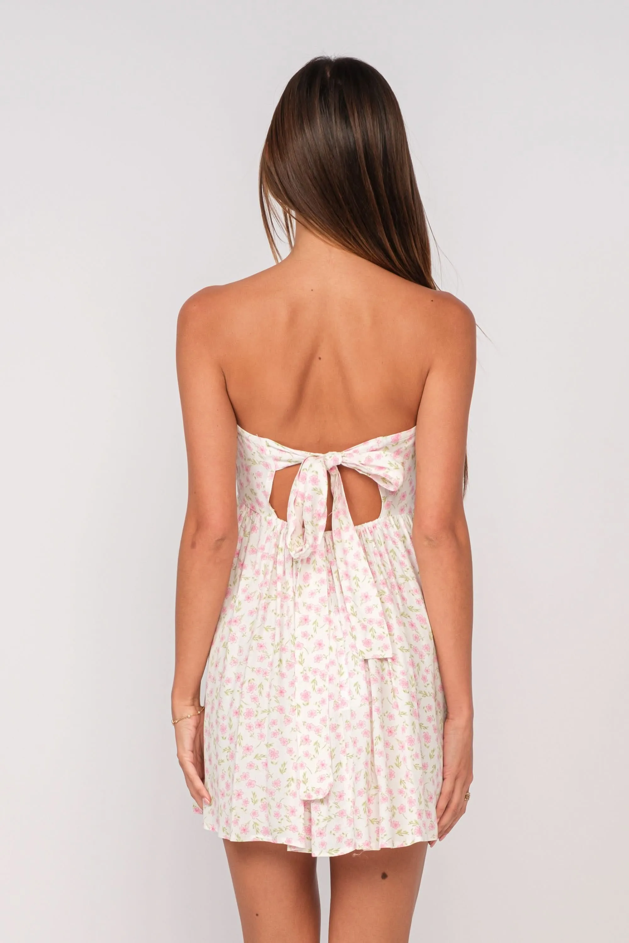 Lena White and Pink Floral Print Strapless Mini Dress sold by Boho Pink product image thumbnail 3