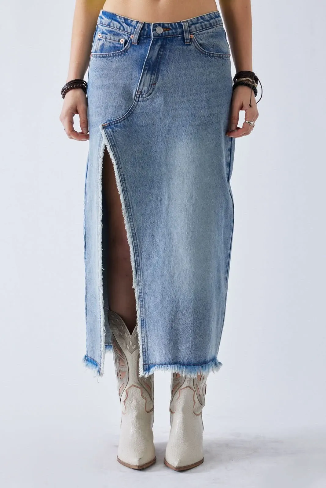 Arden Medium Wash Denim Midi Skirt sold by Boho Pink