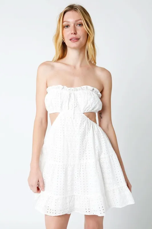 Lasting Impression White Eyelet Strapless Mini Dress sold by Boho Pink