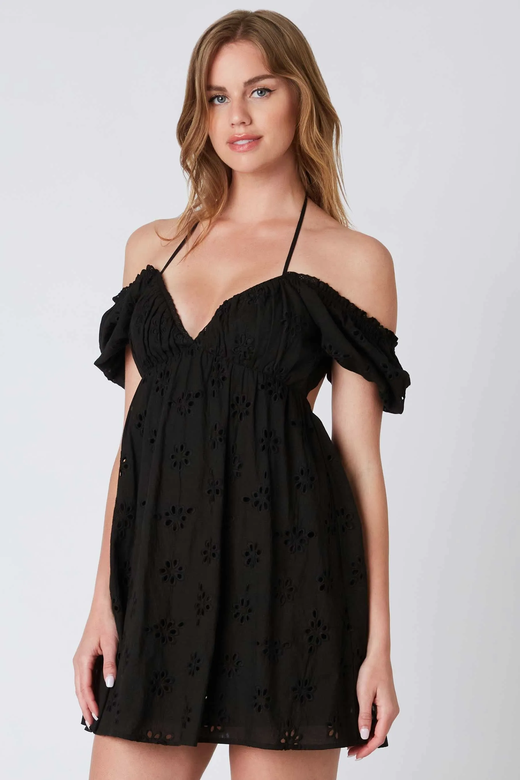 Dana Black Eyelet Off Shoulder Mini Dress sold by Boho Pink product image thumbnail 3