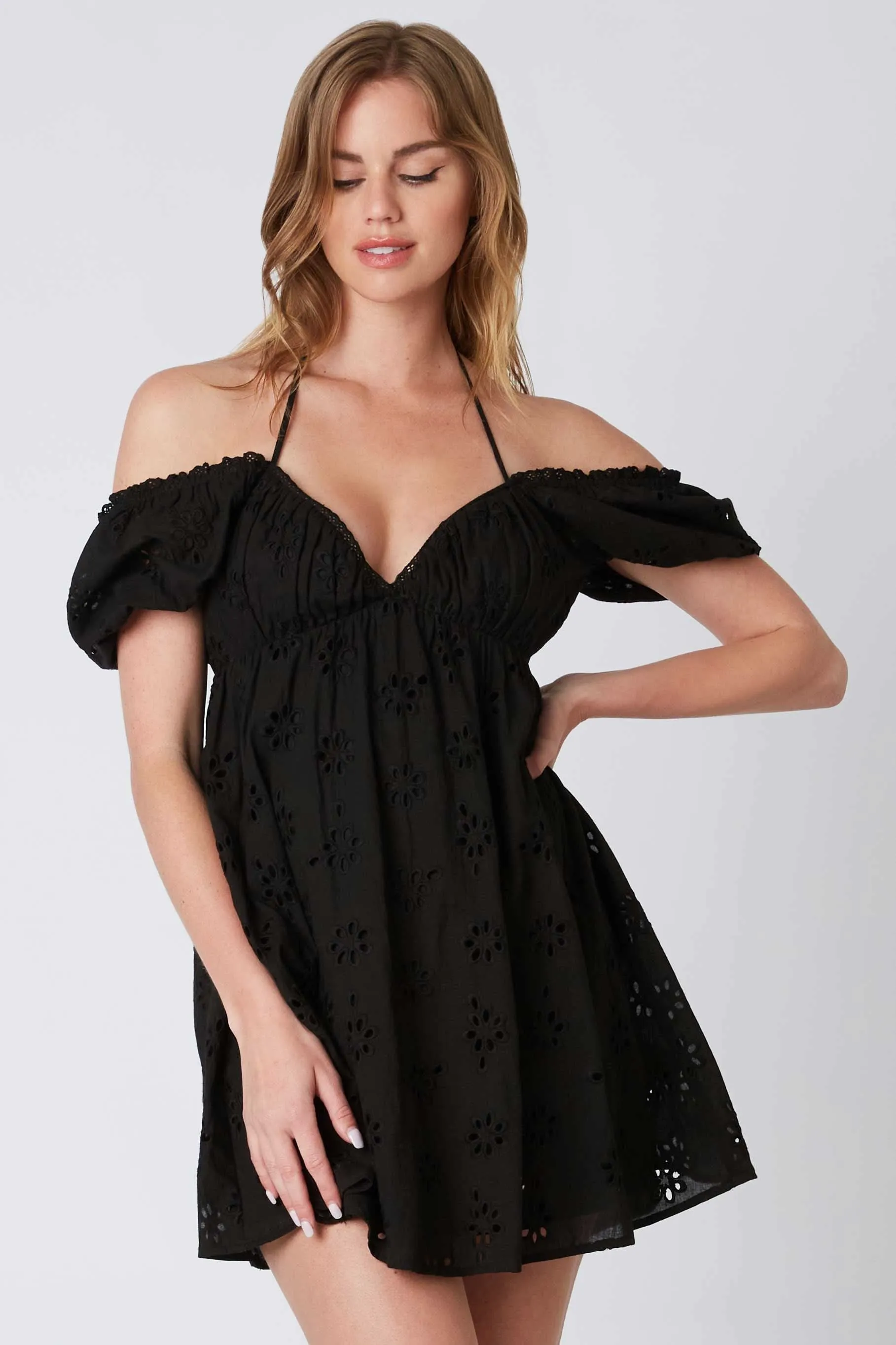 Dana Black Eyelet Off Shoulder Mini Dress sold by Boho Pink product image thumbnail 2