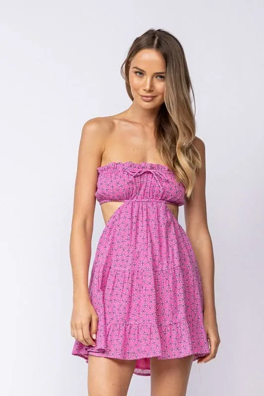 Rachel Pink Floral Print Strapless Mini Dress sold by Boho Pink