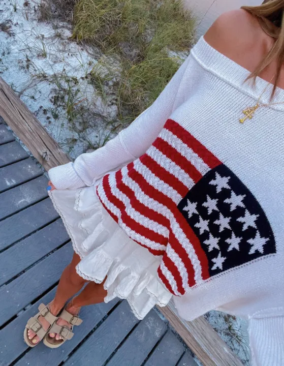 Land of Free White Oversized American Flag Sweater sold by Boho Pink product image thumbnail 5