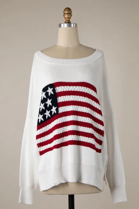 Land of Free White Oversized American Flag Sweater sold by Boho Pink