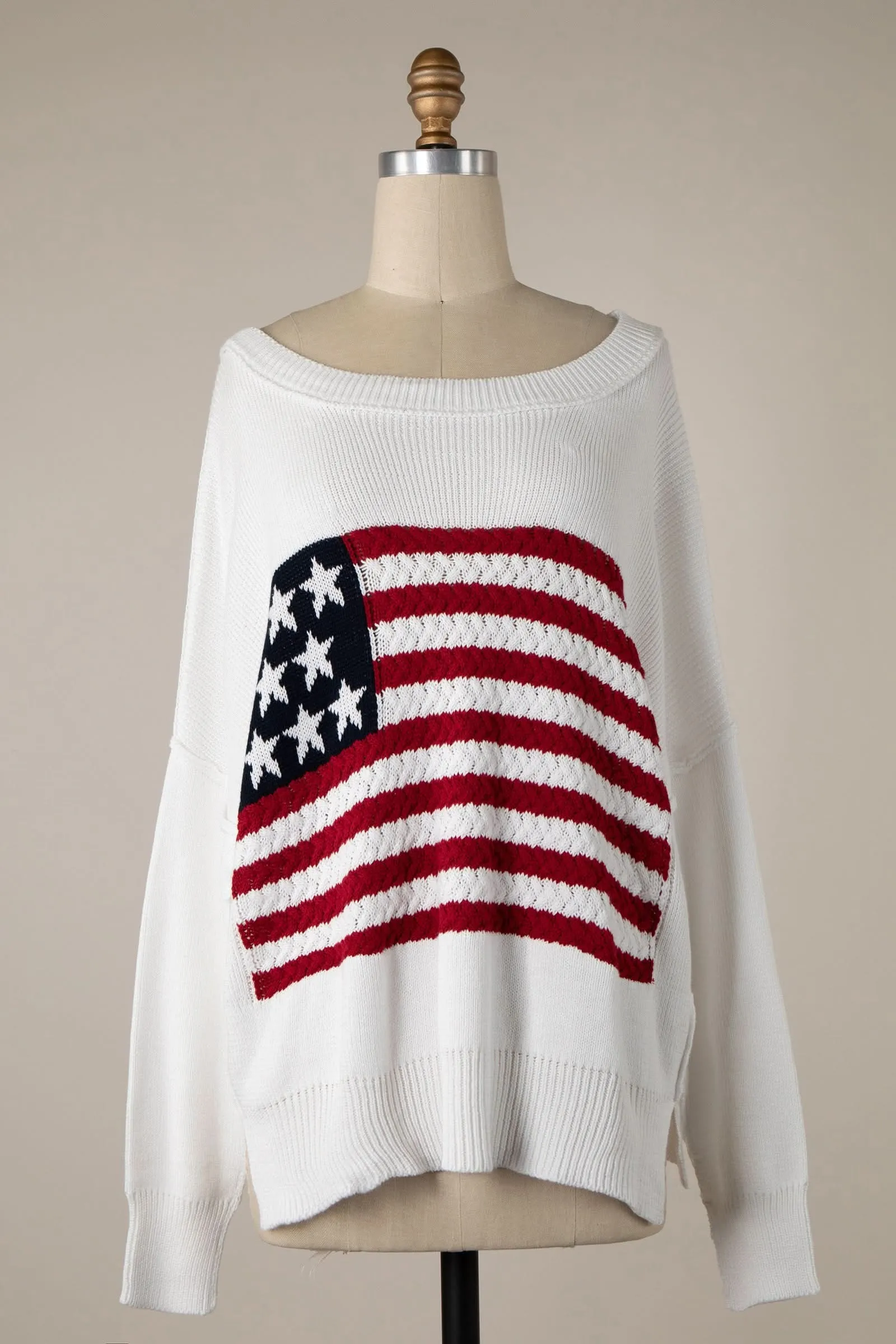 Land of Free White Oversized American Flag Sweater sold by Boho Pink