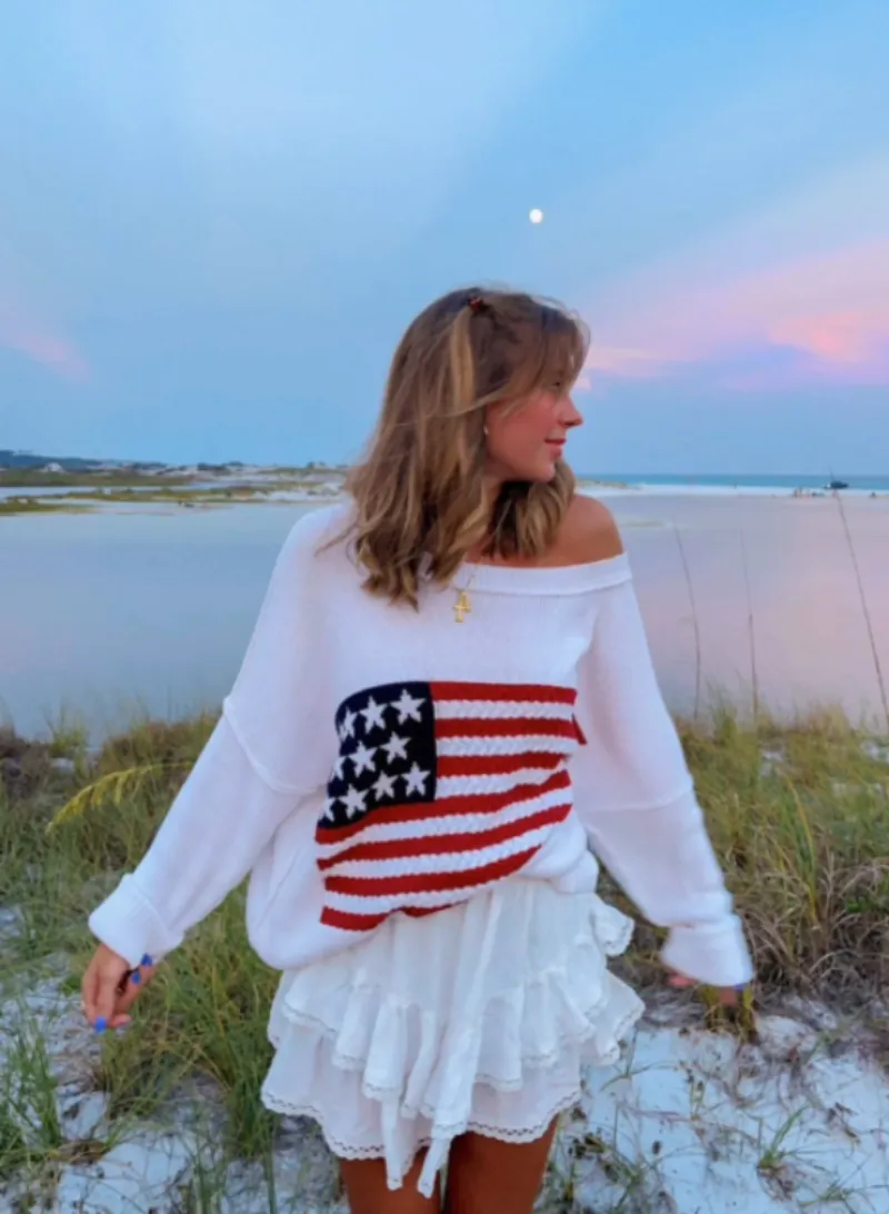 Land of Free White Oversized American Flag Sweater sold by Boho Pink product image thumbnail 2