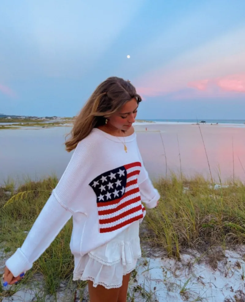 Land of Free White Oversized American Flag Sweater sold by Boho Pink product image thumbnail 3