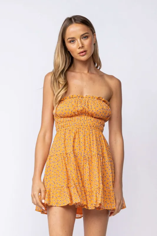 Sarah Orange Floral Strapless Mini Dress sold by Boho Pink