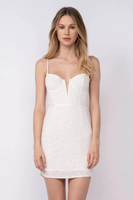 Sandra White Eyelet Bustier Mini Dress sold by Boho Pink