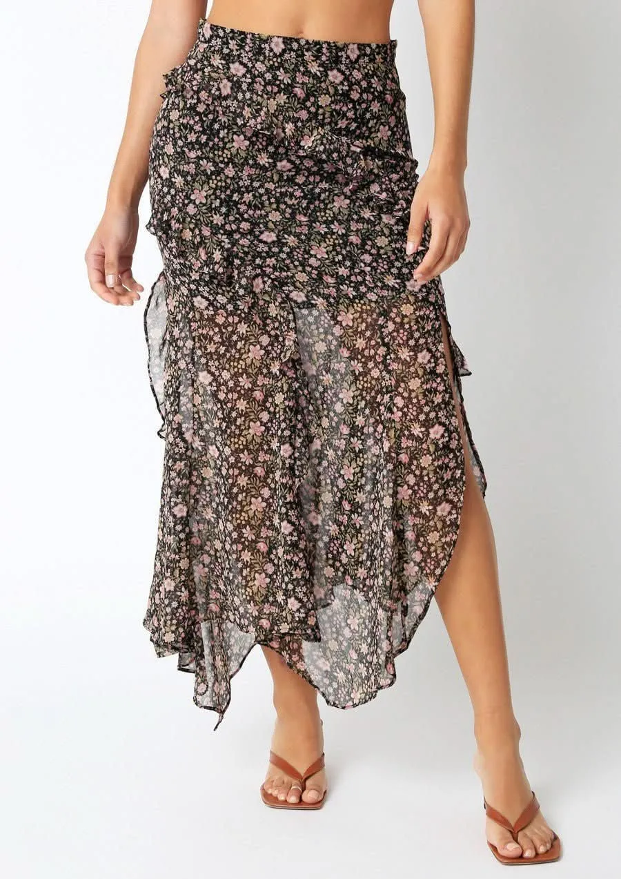 Olivia Black Floral Print Midi Skirt sold by Boho Pink