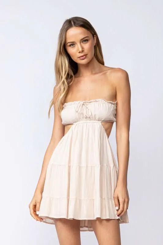 Rachel Beige Strapless Mini Dress sold by Boho Pink
