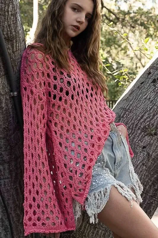Nadia Pink Sheer Crochet Sweater sold by Boho Pink