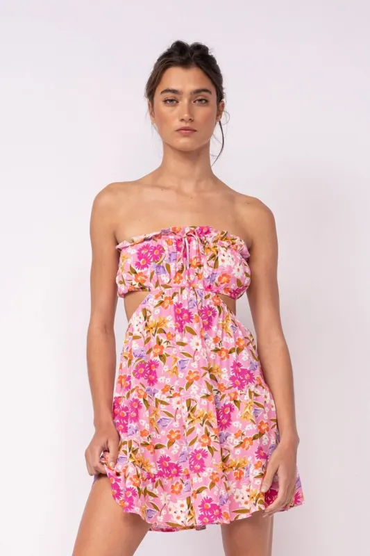 Rachel Pink Daisy Print Strapless Mini Dress sold by Boho Pink