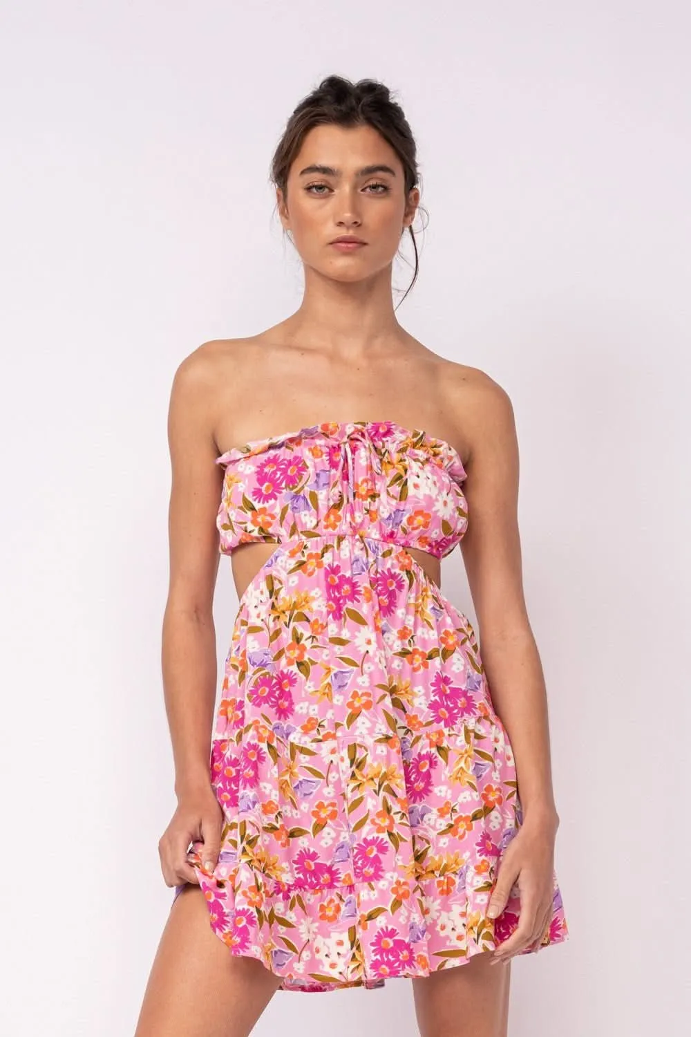 Rachel Pink Daisy Print Strapless Mini Dress sold by Boho Pink