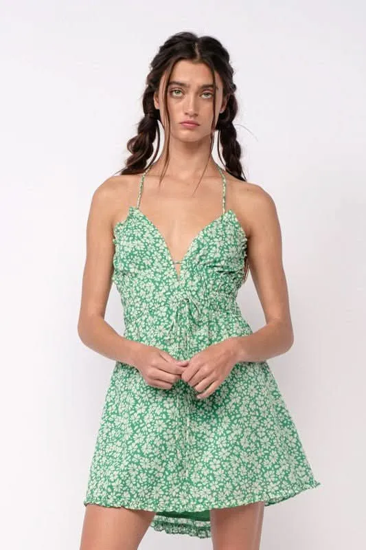 Kristen Green Floral Halter Mini Dress sold by Boho Pink