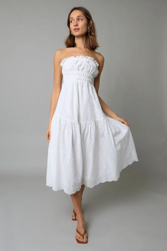 Francesca White Eyelet Strapless Midi Dress made by Olivaceous
