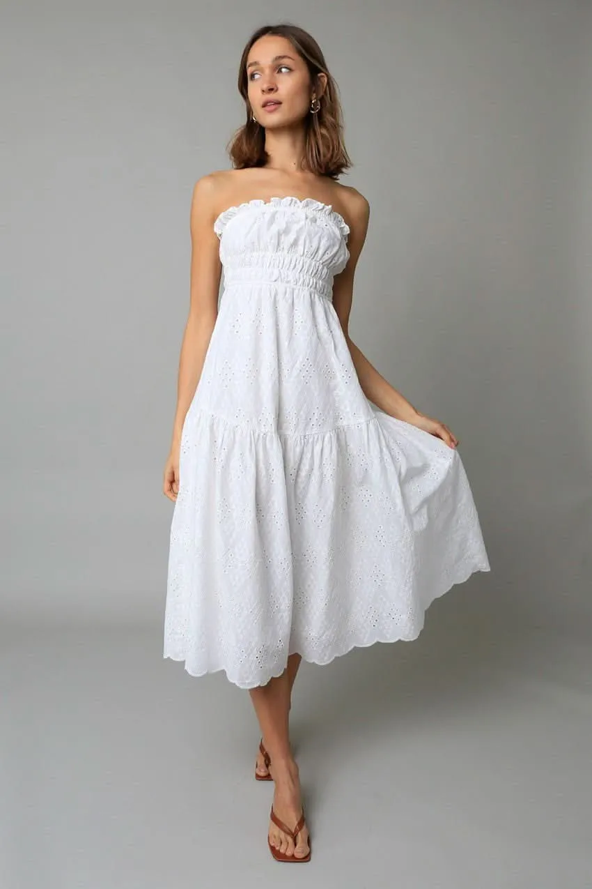 Francesca White Eyelet Strapless Midi Dress sold by Boho Pink