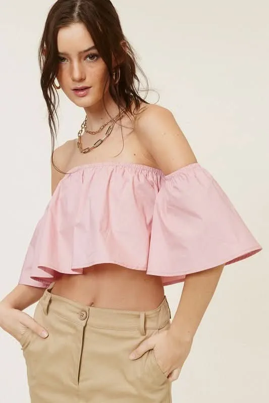 Darcie Blush Flowy Off-Shoulder Crop Top made by Mimosa