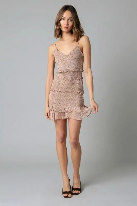 Rhea Taupe Floral Print Smocked Ruffle Mini Dress sold by Boho Pink product image thumbnail 4