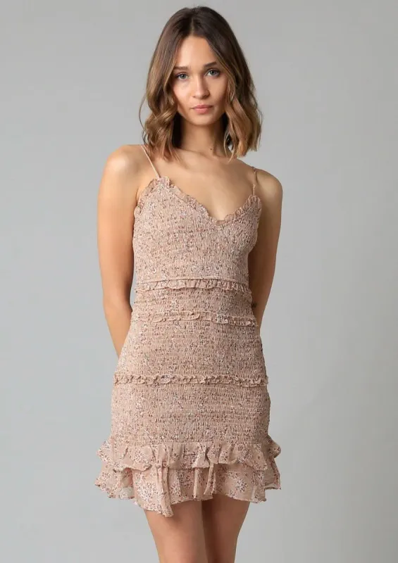 Rhea Taupe Floral Print Smocked Ruffle Mini Dress sold by Boho Pink