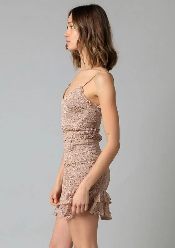 Rhea Taupe Floral Print Smocked Ruffle Mini Dress sold by Boho Pink product image thumbnail 2