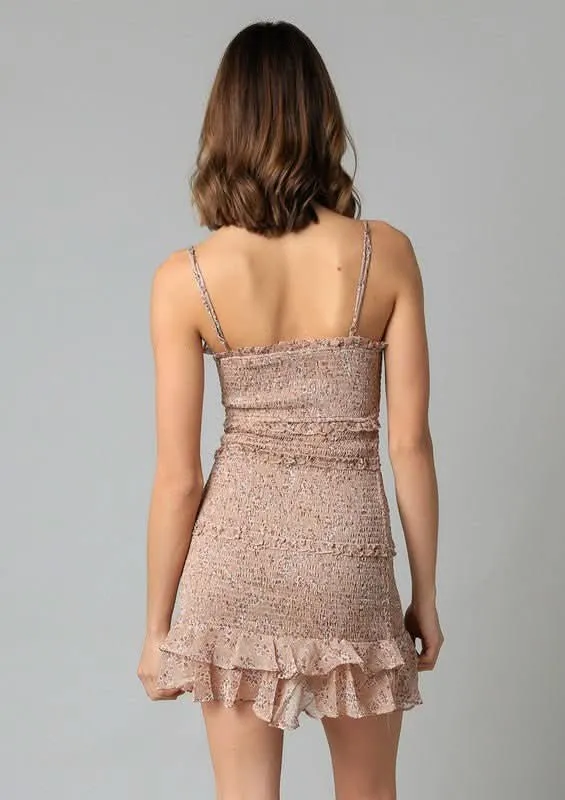 Rhea Taupe Floral Print Smocked Ruffle Mini Dress sold by Boho Pink product image thumbnail 3