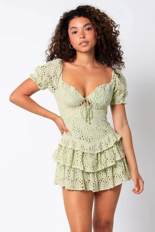 Penelope Sage Lace Mini Dress sold by Boho Pink