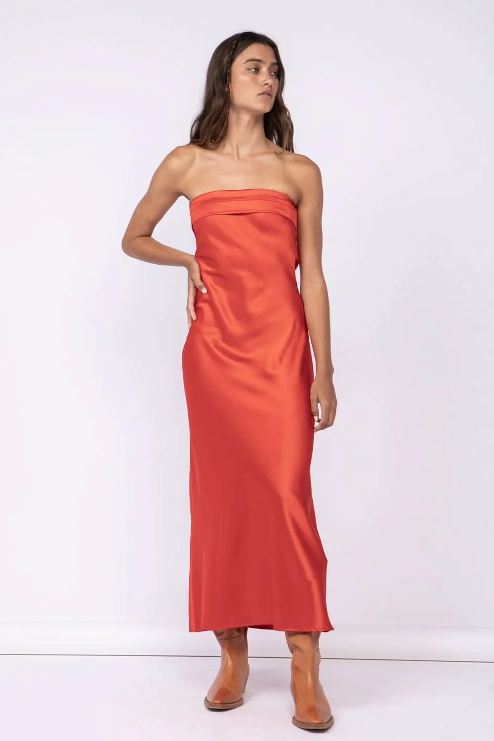 Irene Red Satin Strapless Maxi Dress sold by Boho Pink product image thumbnail 4