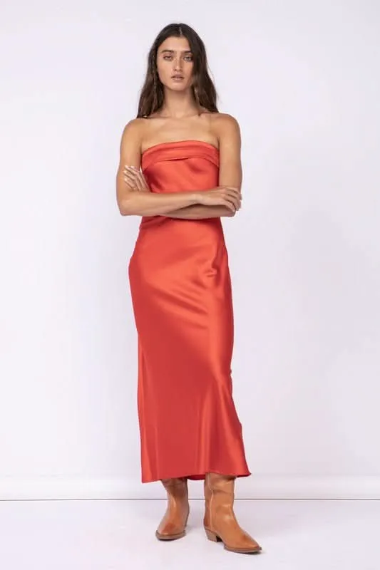 Irene Red Satin Strapless Maxi Dress sold by Boho Pink