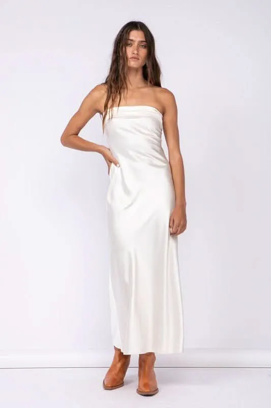 Irene Cream Satin Strapless Maxi Dress sold by Boho Pink