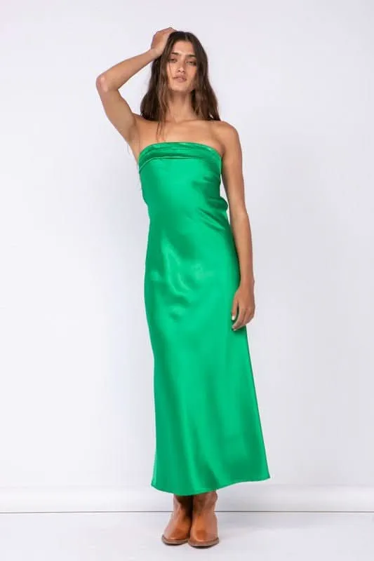Irene Green Satin Strapless Maxi Dress sold by Boho Pink