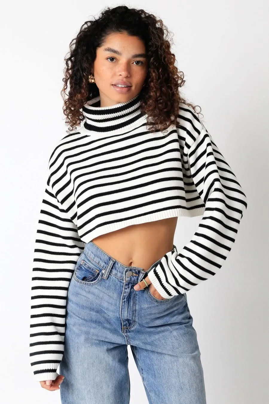 Marla White & Black Striped Cropped Turtleneck Sweater sold by Boho Pink