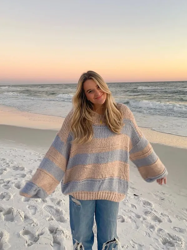 Poppy Blush and Blue Striped Oversized Sweater sold by Boho Pink