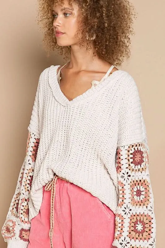 Marsha Beige Crochet Sleeve Sweater sold by Boho Pink product image thumbnail 3