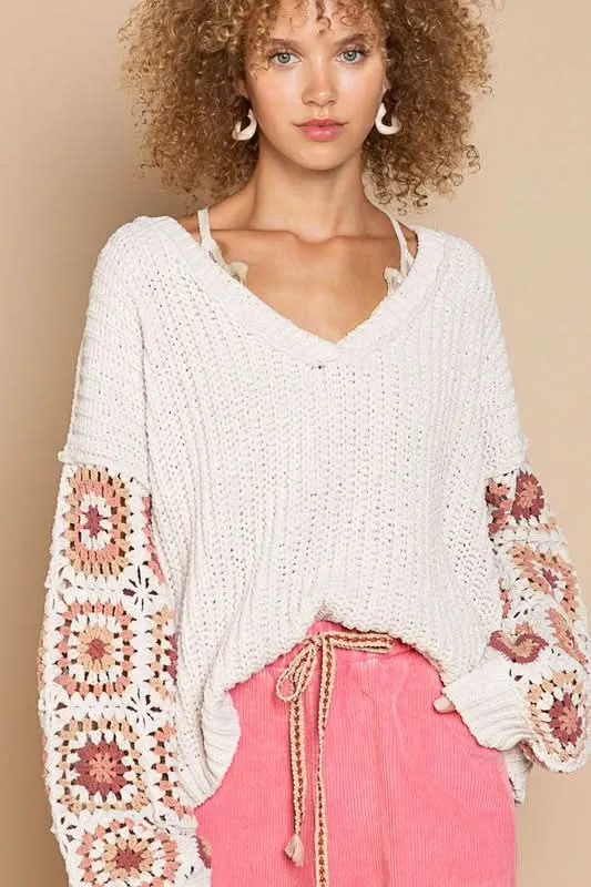 Marsha Beige Crochet Sleeve Sweater sold by Boho Pink