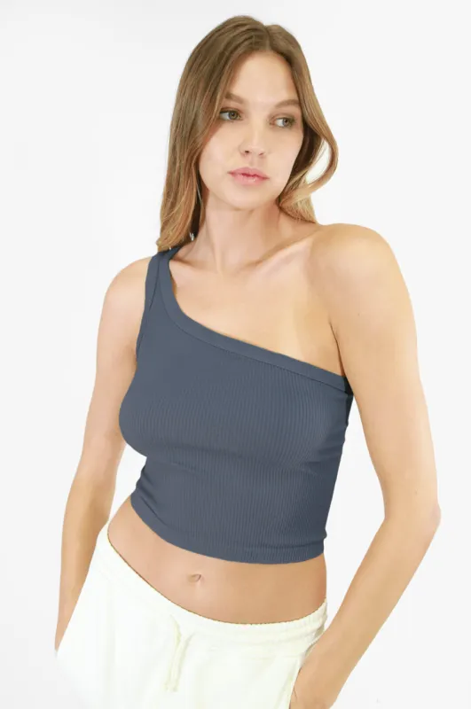 NIKIBIKI Ink Blue Cropped One Shoulder Ribbed Tank sold by Boho Pink