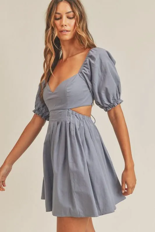 Breaking Hearts Dusty Blue Puff Sleeve Mini Dress sold by Boho Pink product image thumbnail 3