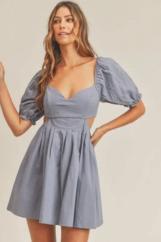 Breaking Hearts Dusty Blue Puff Sleeve Mini Dress sold by Boho Pink