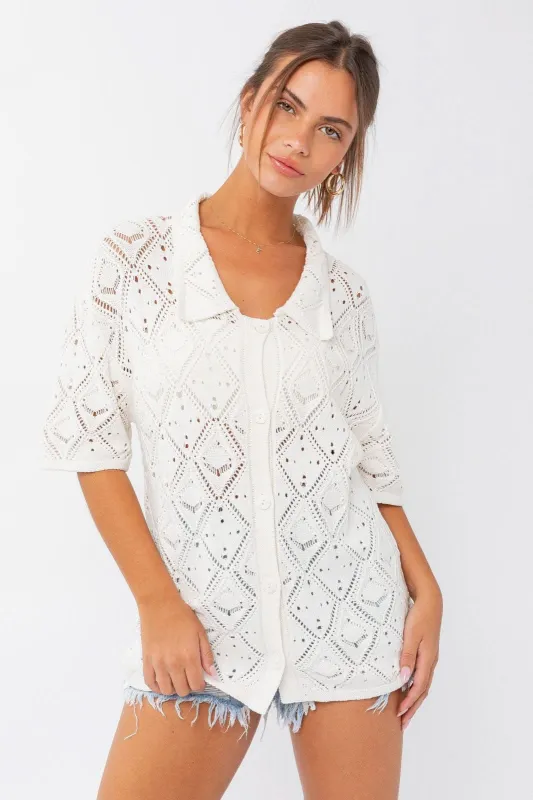 Mara White Crochet Button-Up Top sold by Boho Pink