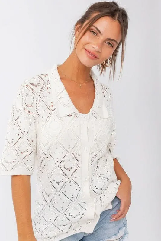 Mara White Crochet Button-Up Top sold by Boho Pink product image thumbnail 5